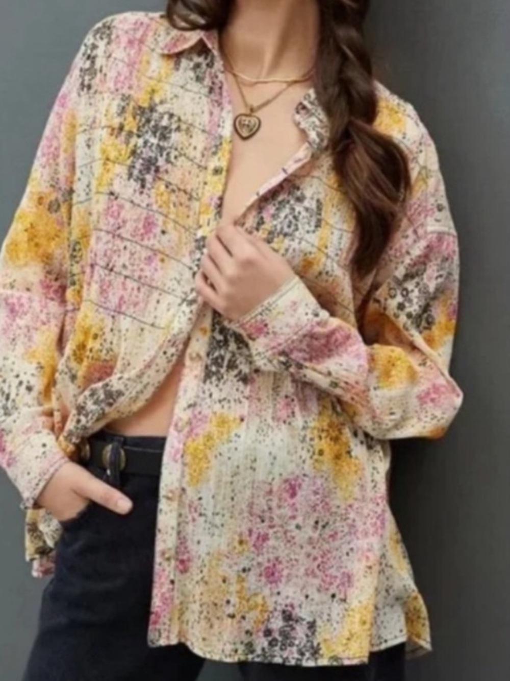 Anthropologie Pilcro Smocked Pink Combo Western Button Down Blouse